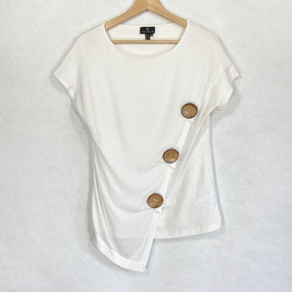 Marble Asymmetrical Hem Oversized Buttons White Short Sleeve Top - Picture 4 of 7